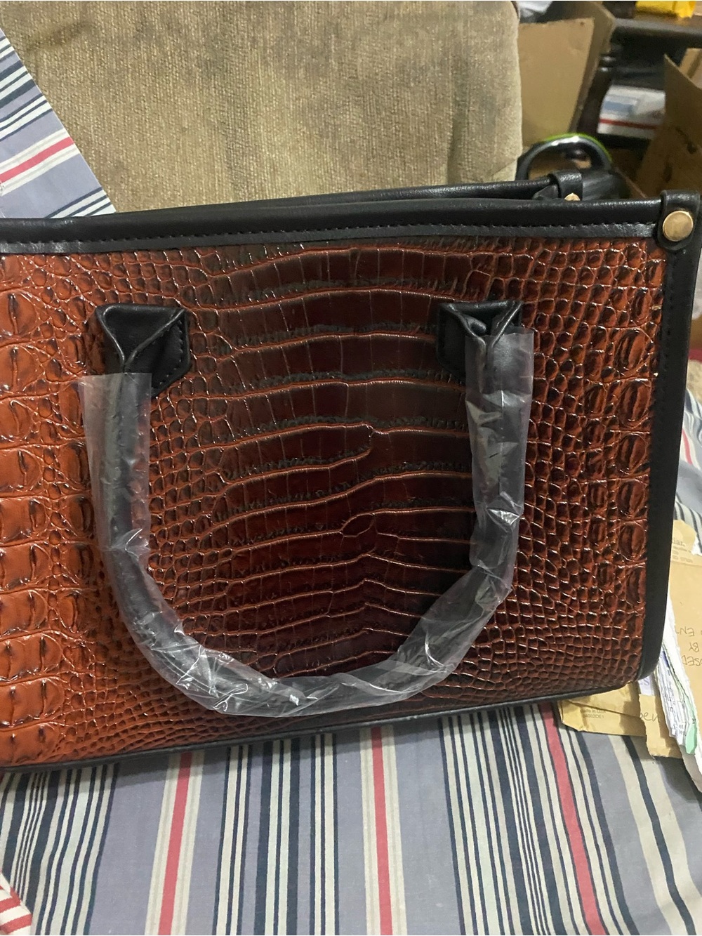 Croc-Embossed Brown Satchel with Black Trim